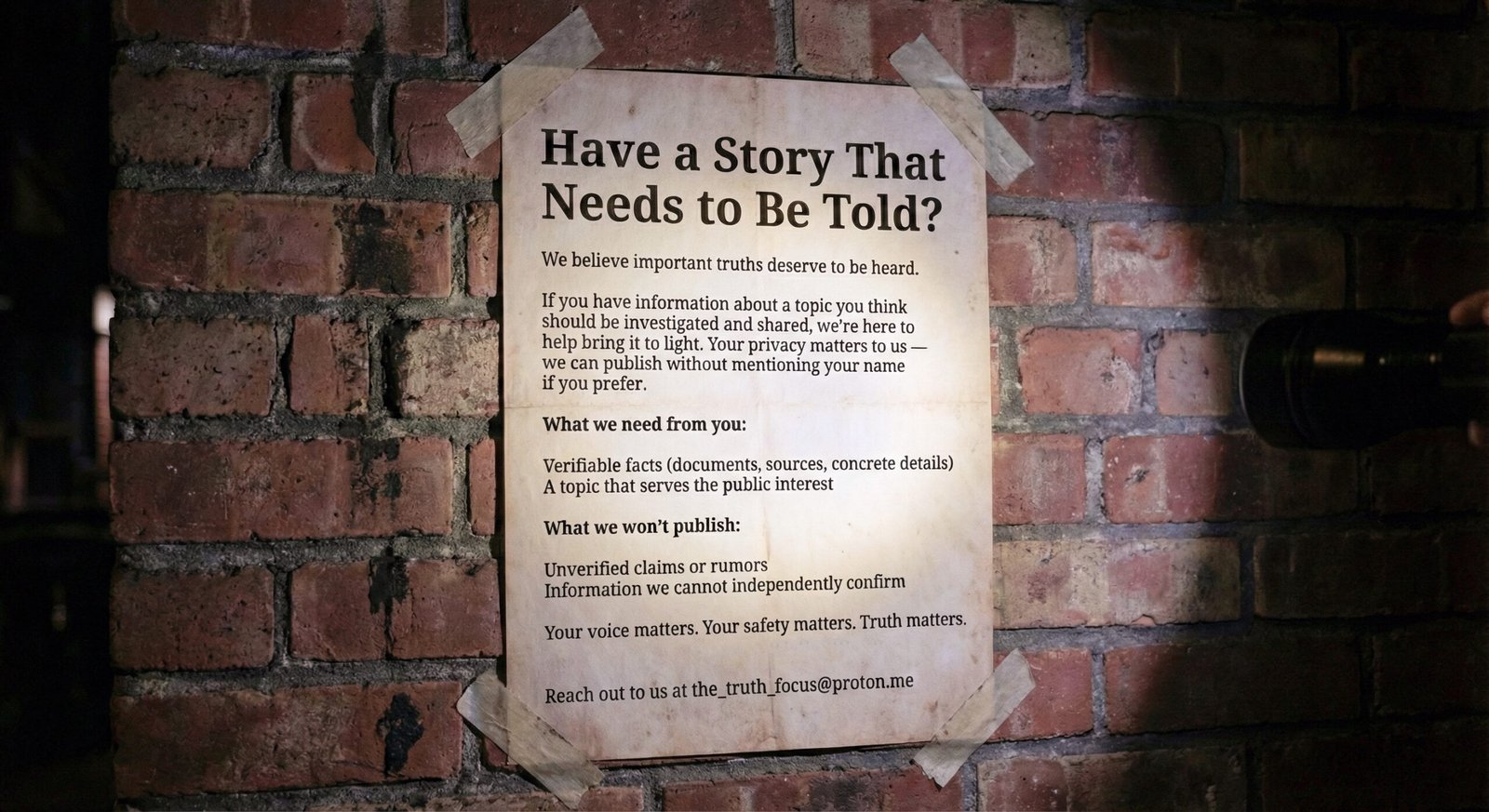 Handwritten note taped to a brick wall with the message "Have a Story That Needs to Be Told?" representing an invitation to contact TruthFocus with tips and information