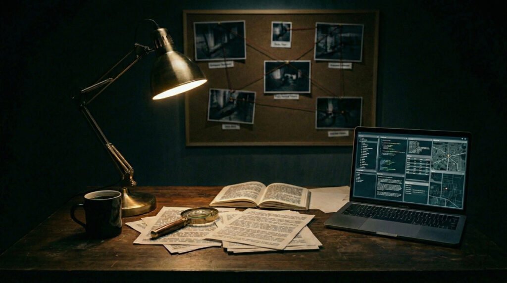 Investigative journalist's desk with documents, reports and notes under dramatic lamp light